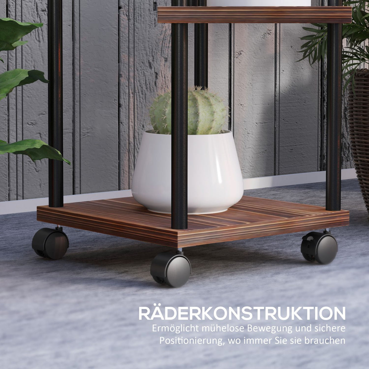 5-Tier Plant Stand with Wheels, Flower Stand for Indoor Outdoor Use, Plant Shelf Made of Steel, Wood, Multi-Tier Flower Shelf, 110cm High Flower Stairs for Living Room, Garden Balcony Decoration, Charred