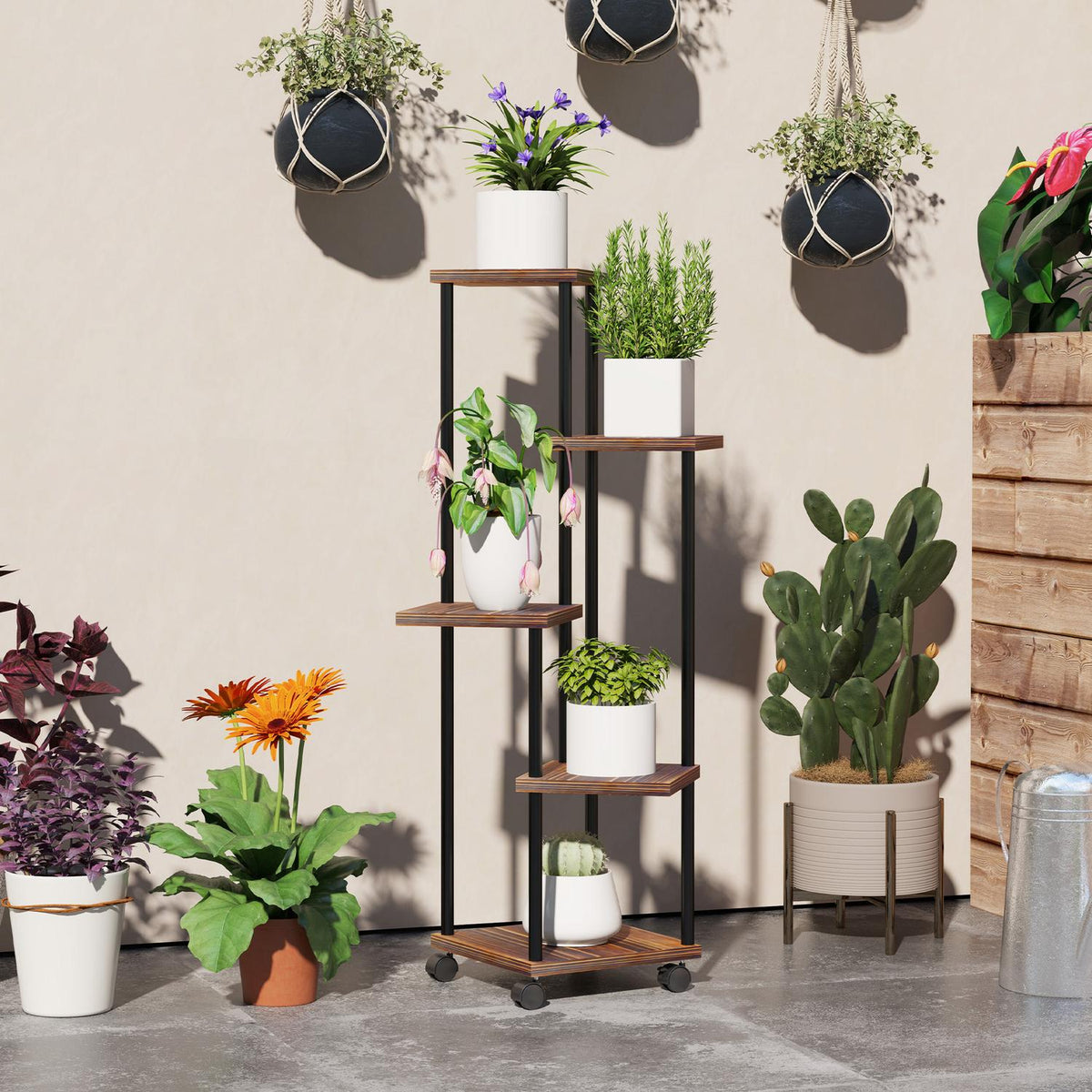 5-Tier Plant Stand with Wheels, Flower Stand for Indoor Outdoor Use, Plant Shelf Made of Steel, Wood, Multi-Tier Flower Shelf, 110cm High Flower Stairs for Living Room, Garden Balcony Decoration, Charred