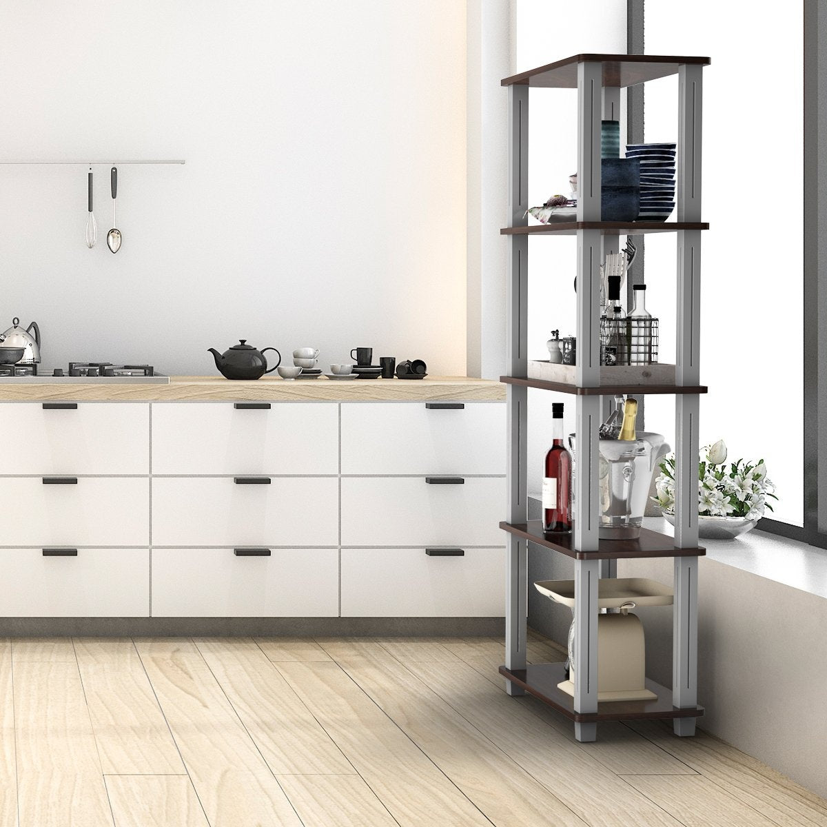 5 Tier Storage Rack with Flat Open Shelves Multifunctional Shelf Brown
