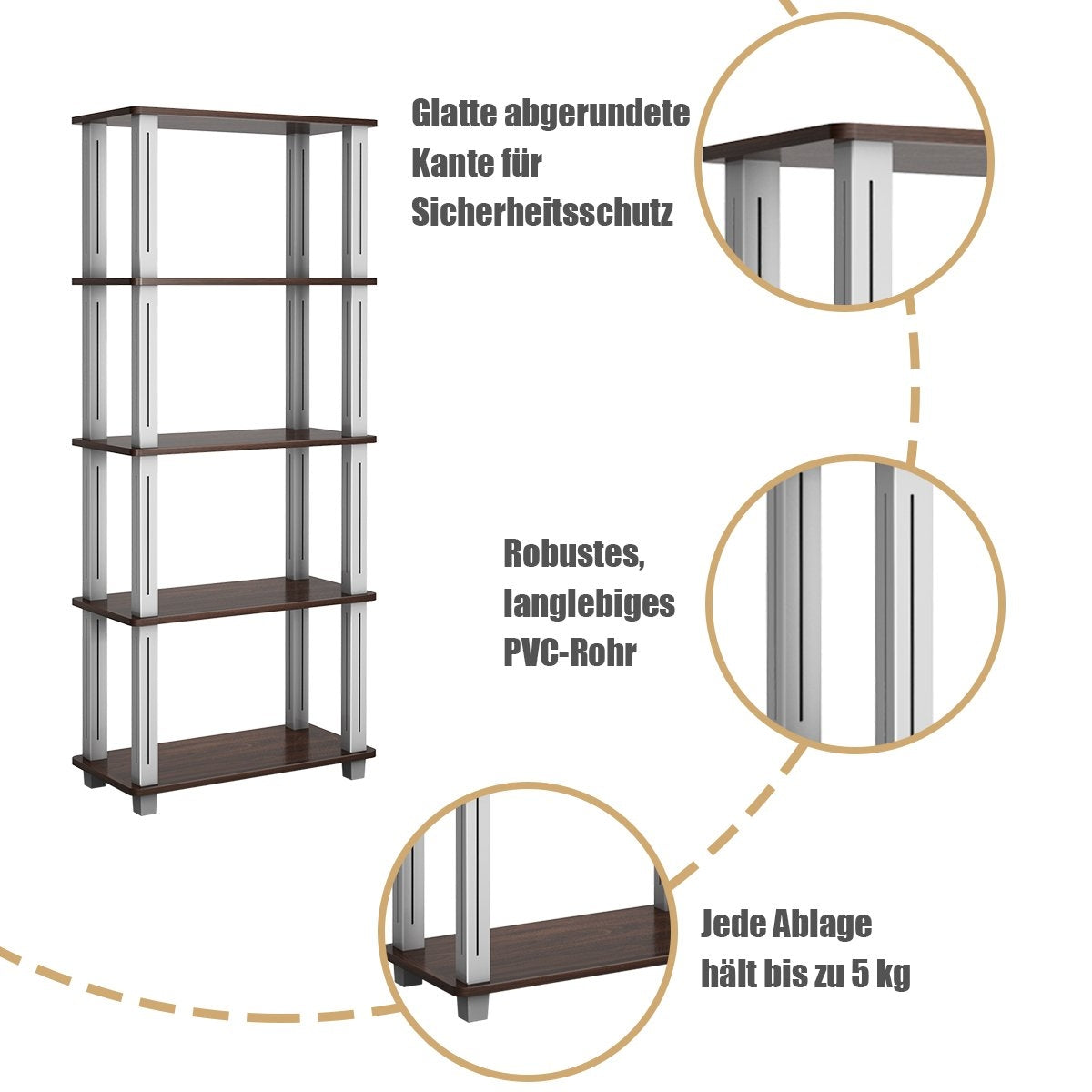 5 Tier Storage Rack with Flat Open Shelves Multifunctional Shelf Brown