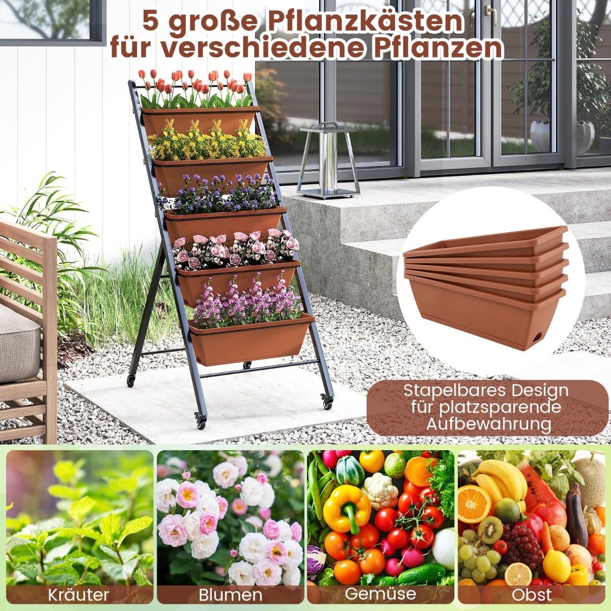 5-Tier Vertical Planter with Adjustable Boxes and Wheels