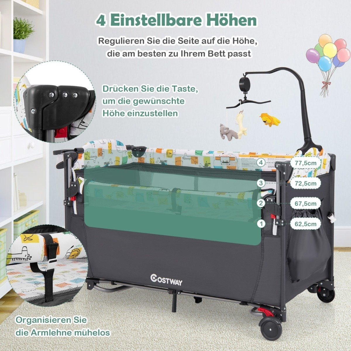 5-in-1 Convertible Baby Bed with Changing Table & Storage Bag Gray