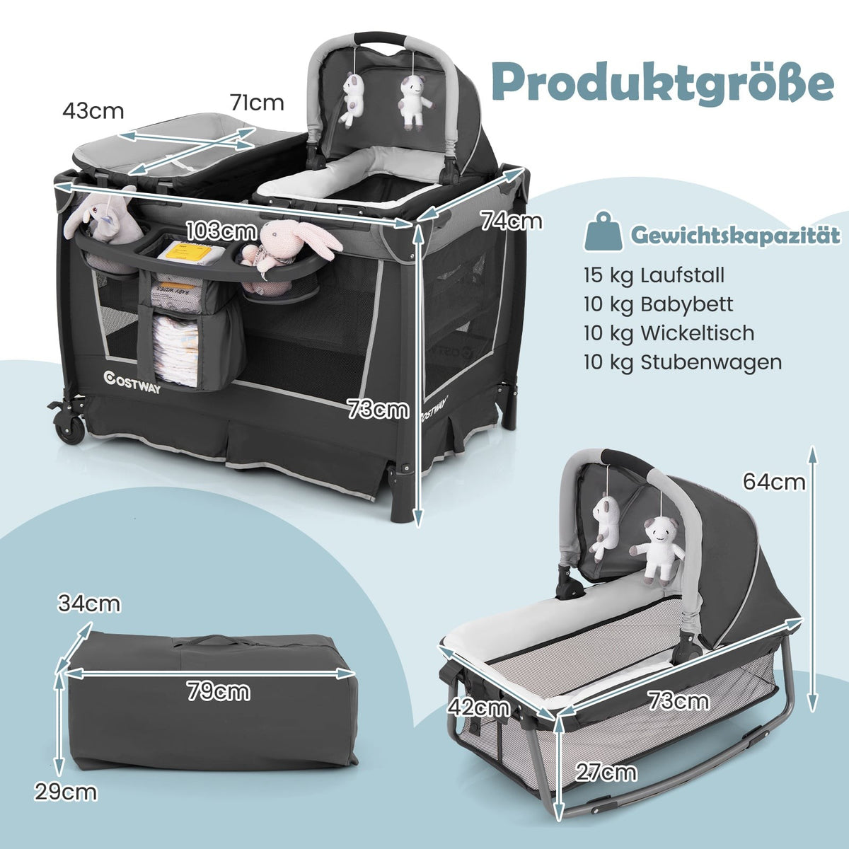5-in-1 Foldable Baby Crib with Bassinet & Changing Pad