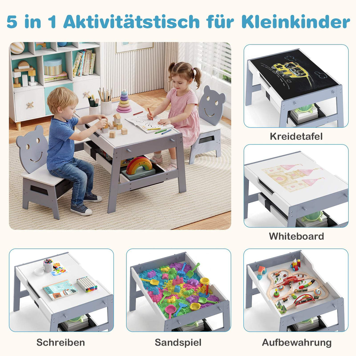 5-in-1 Kids Table Set with Chairs, Chalkboard & Storage