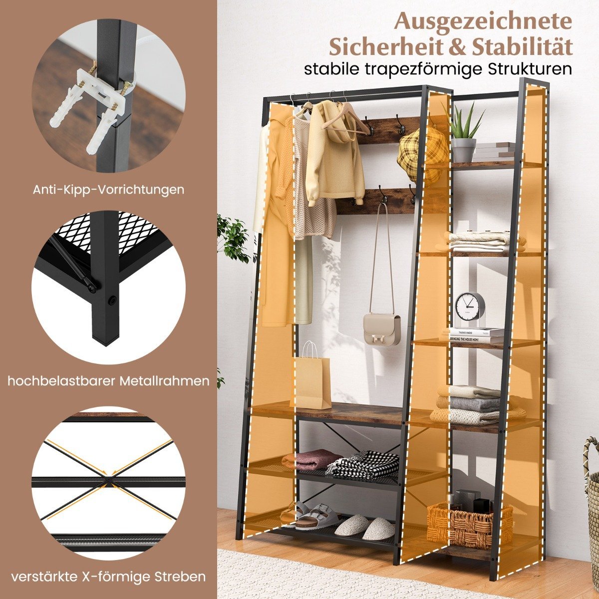 5 in 1 coat stand with shoe bench & 9 hooks & 5 side shelves & 2 wire shelves