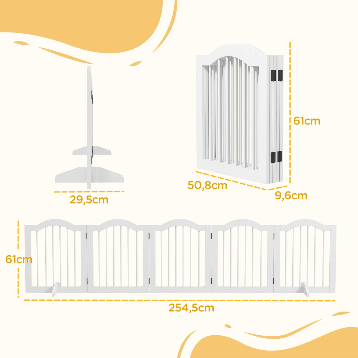 5-piece dog barrier, 254.5 x 61 cm, foldable dog gate with door, door safety gate with 2 support feet, free-standing stair gate