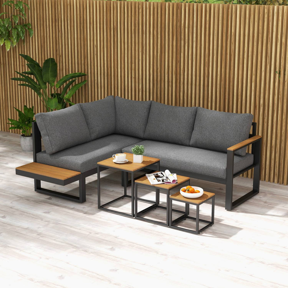 5-piece garden furniture set with corner sofa and double sofa, coffee table, balcony furniture set with seat cushion, garden lounge set, gray