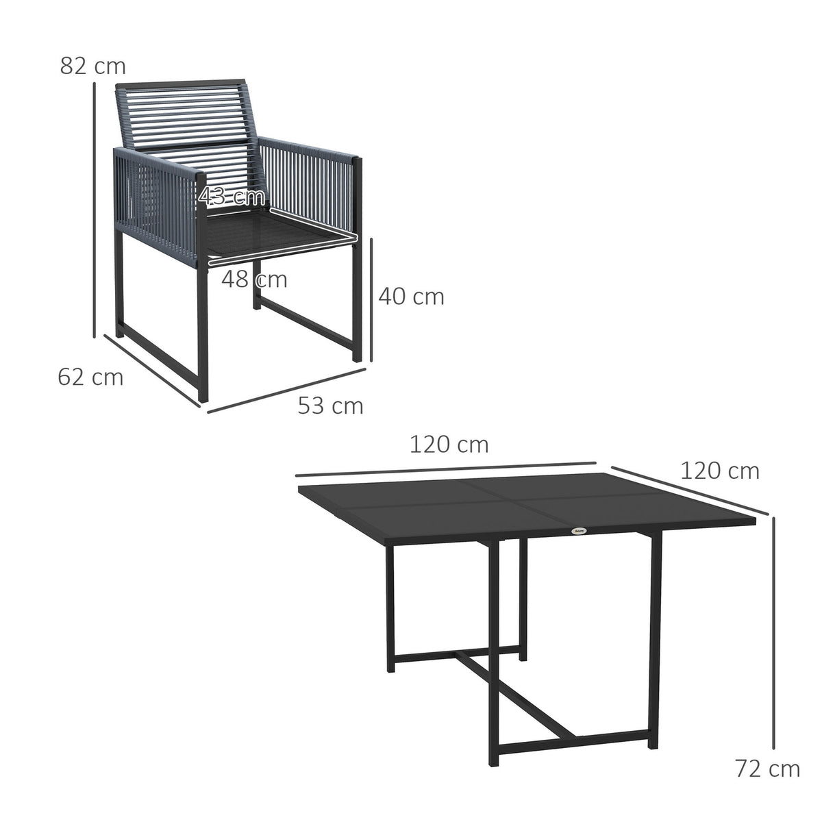 5-piece seating group Dining group for 4 people Dining table with 4 chairs Dining room group with folding chairs Kitchen table set with steel frame Balcony furniture Garden furniture for terrace, balcony Dark gray