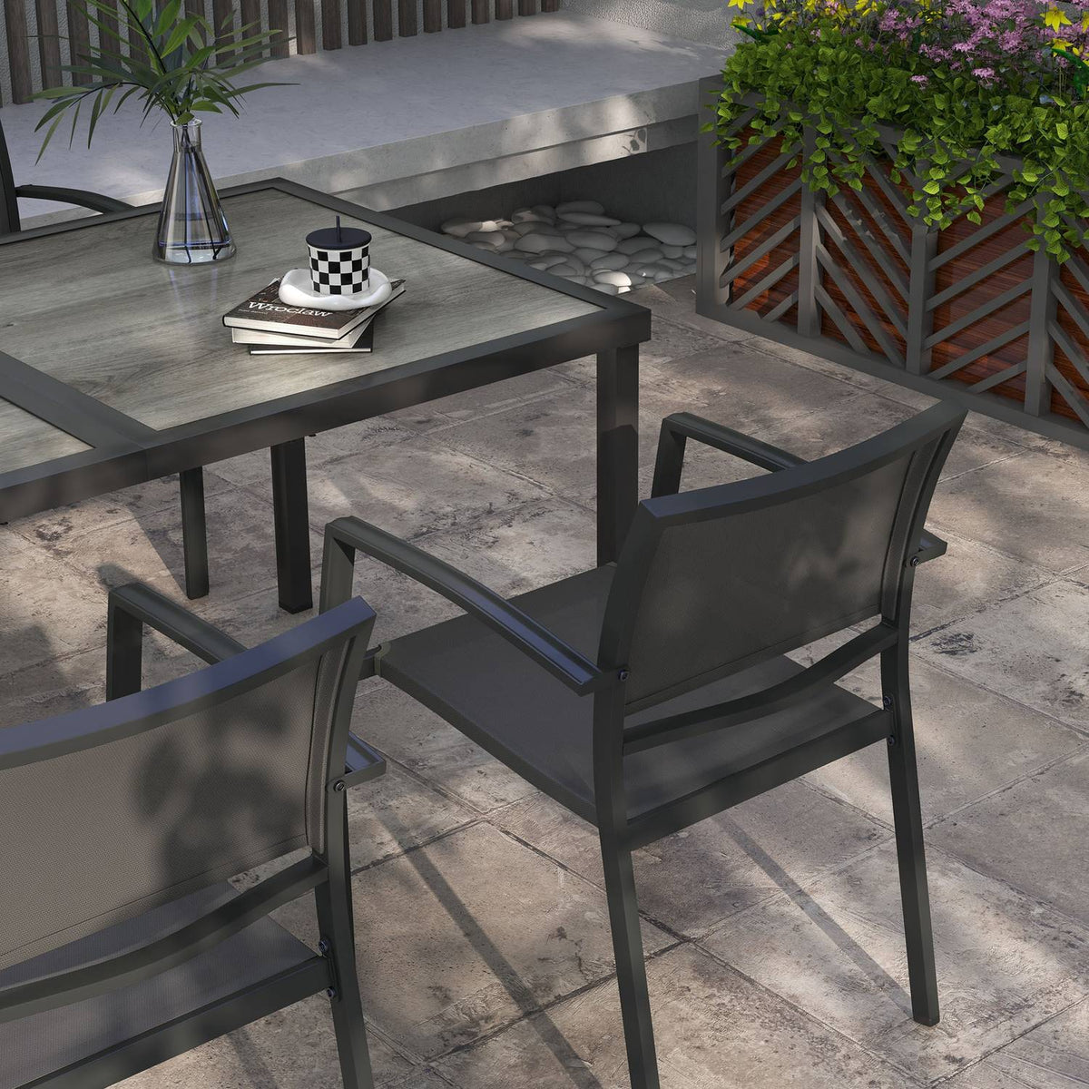 5-piece seating group garden furniture set with 1 dining table and 4 stackable chairs, garden furniture for patio, mesh dark gray