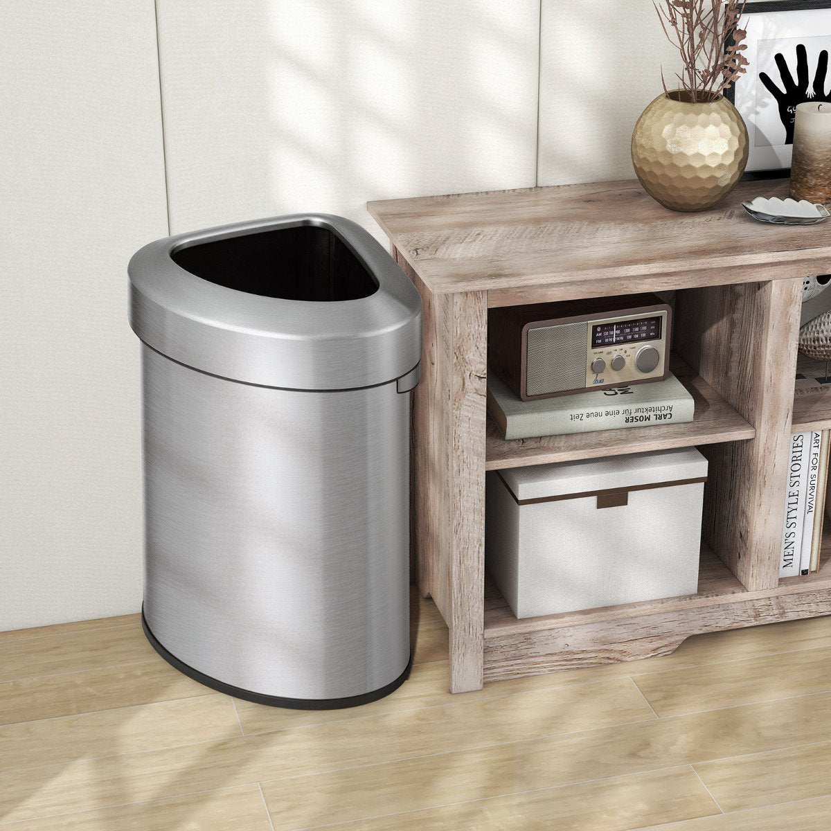60L Stainless Steel Corner Trash Can With Lid, Non-Slip Base