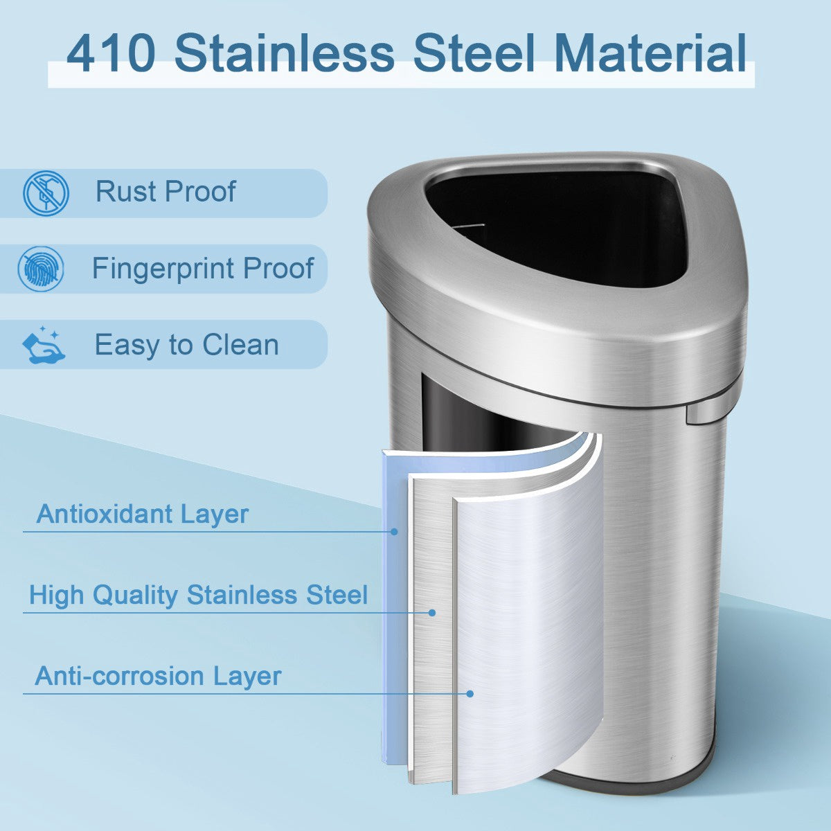 60L Stainless Steel Corner Trash Can With Lid, Non-Slip Base