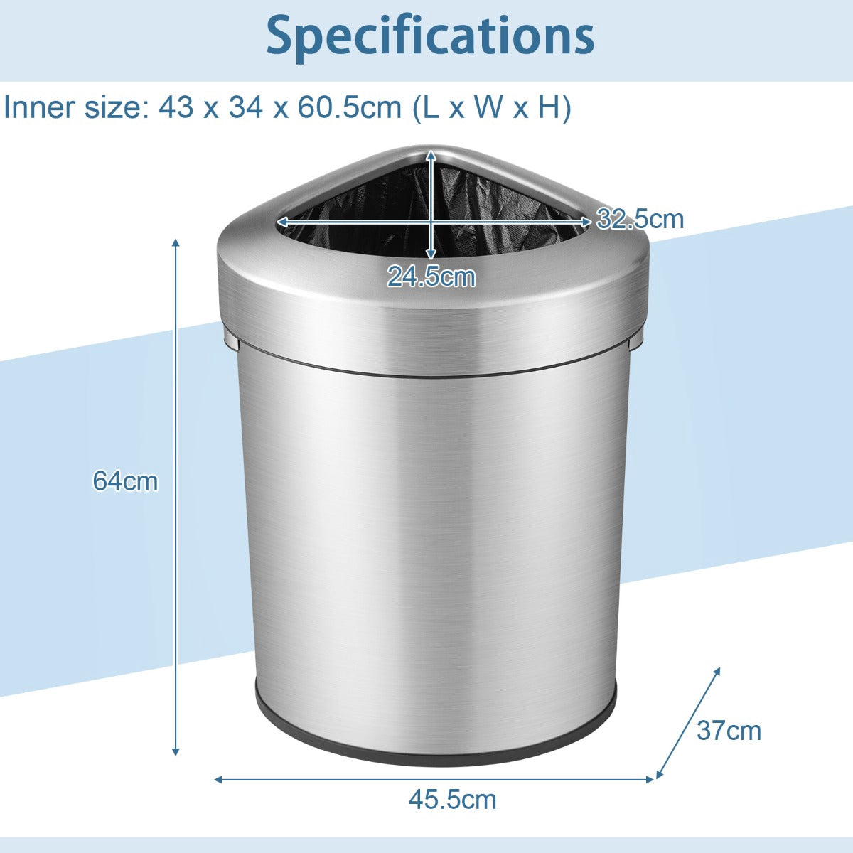 60L Stainless Steel Corner Trash Can With Lid, Non-Slip Base