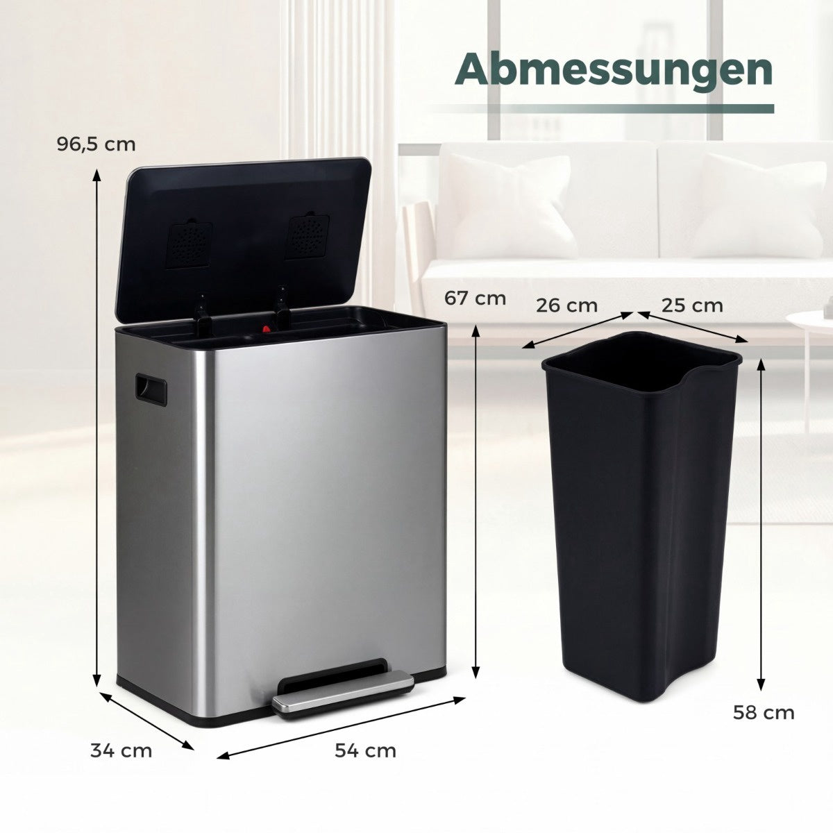 60L Stainless Steel Pedal Bin with Soft-Close Lid & Dual Compartments