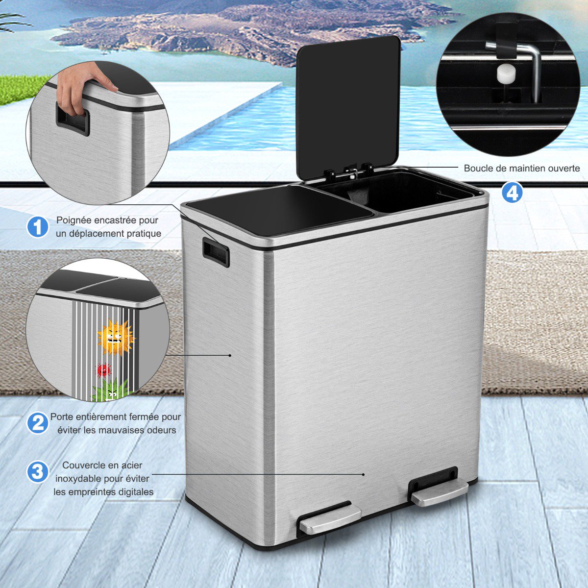 60L Stainless Steel Step Trash Can, Dual 30L Bins