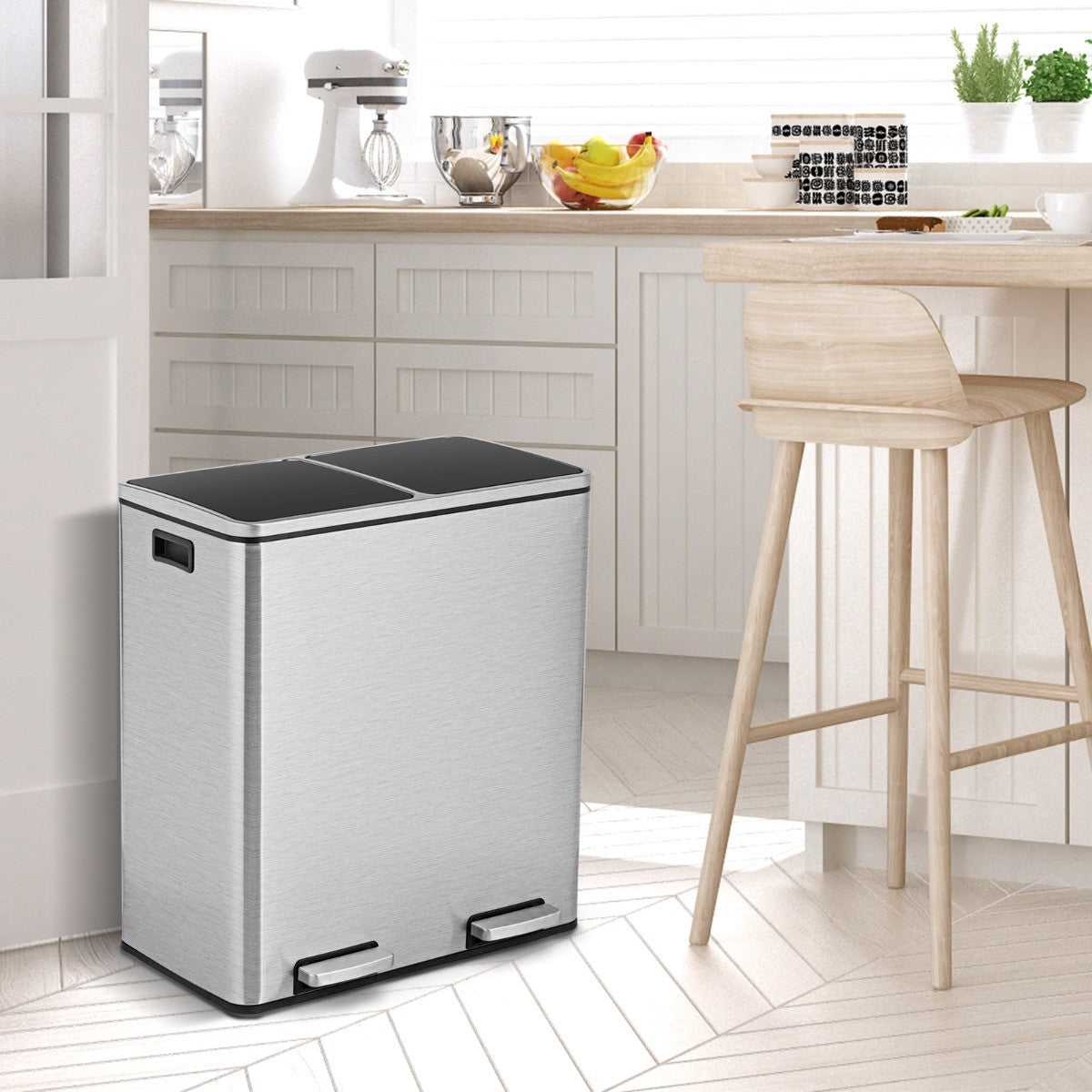60L Stainless Steel Step Trash Can, Dual 30L Bins