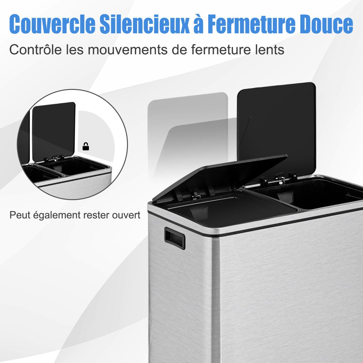 60L Stainless Steel Step Trash Can, Dual 30L Bins