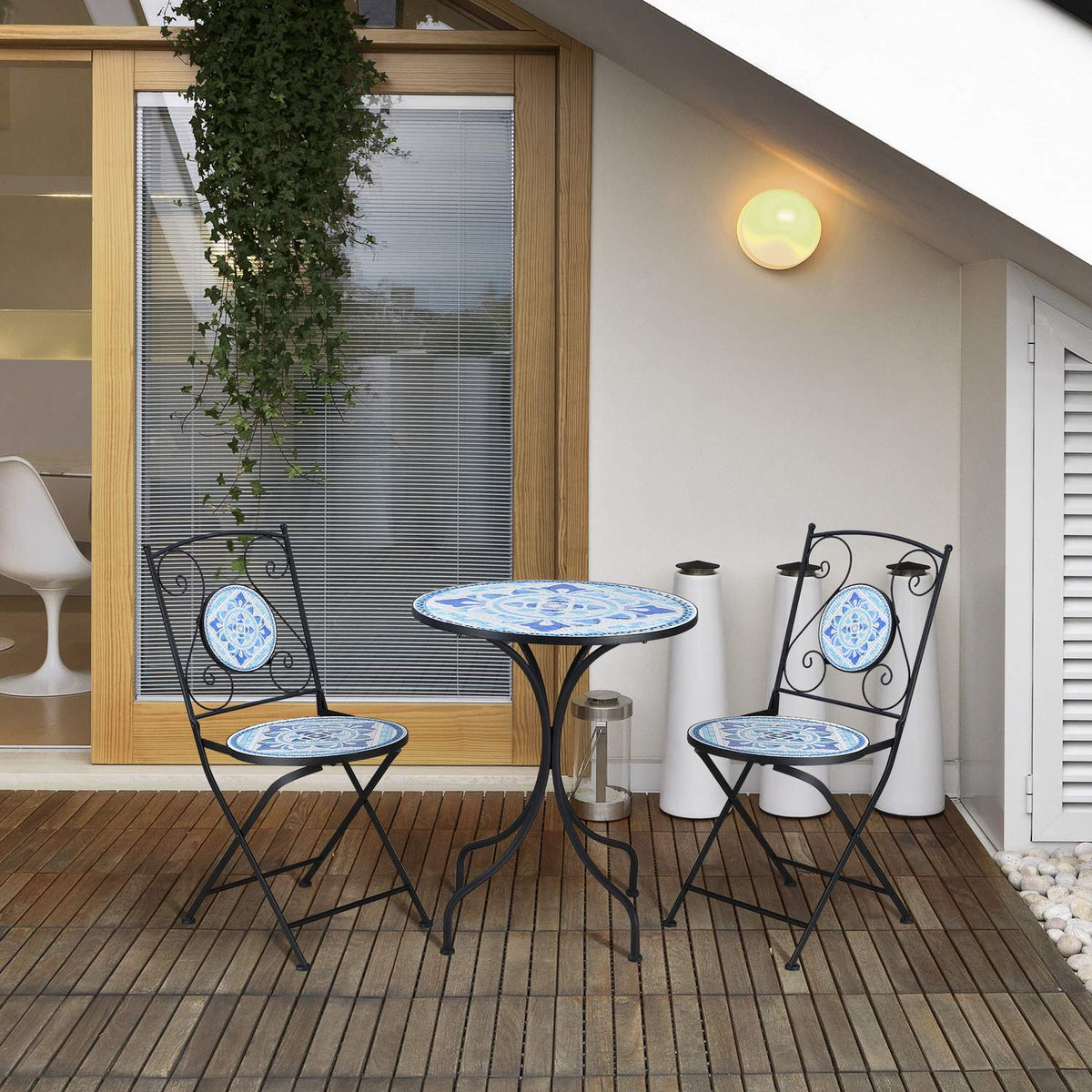 Ø 61 Cm Garden Seating Group For 2 People Bistro Set 1 Table + 2 Foldable Chairs Steel Blue