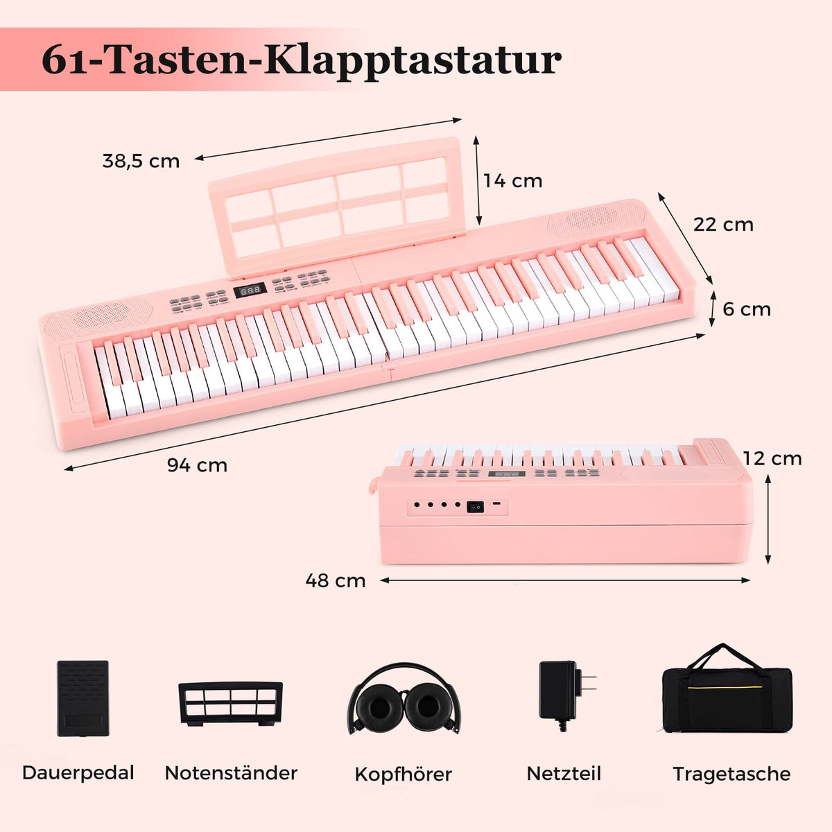 61-Key Foldable Electronic Keyboard with MIDI, Pink