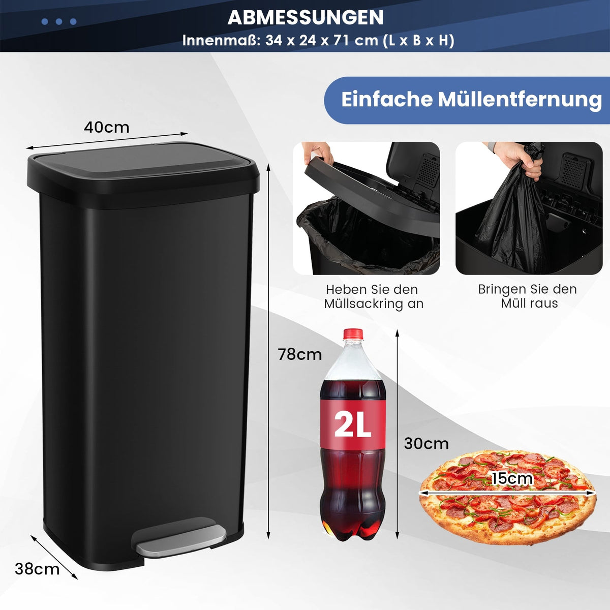 68L Black Kitchen Trash Can with Soft-Close Lid