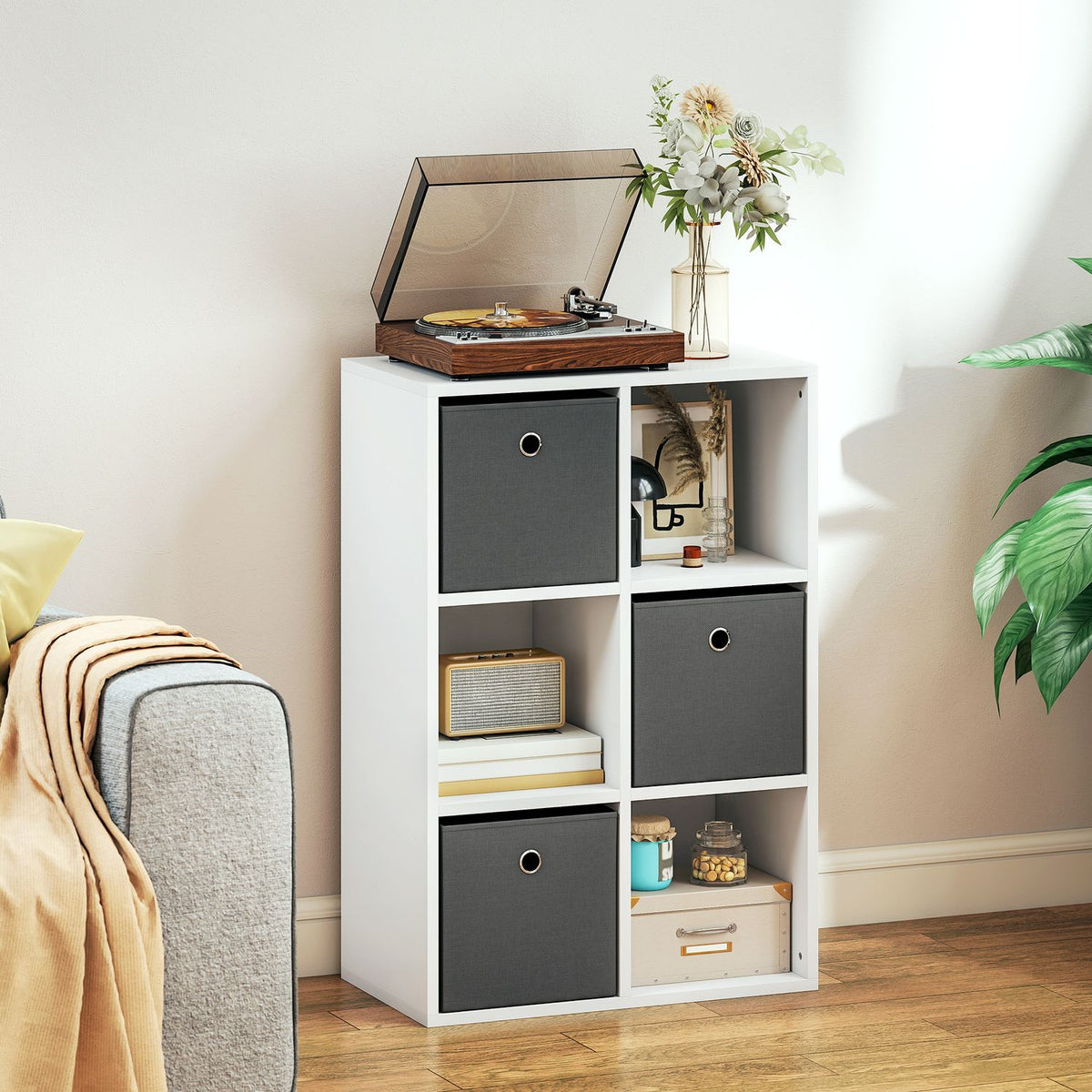 6-Cube Storage Shelf with 3 Fabric Drawers, Grey