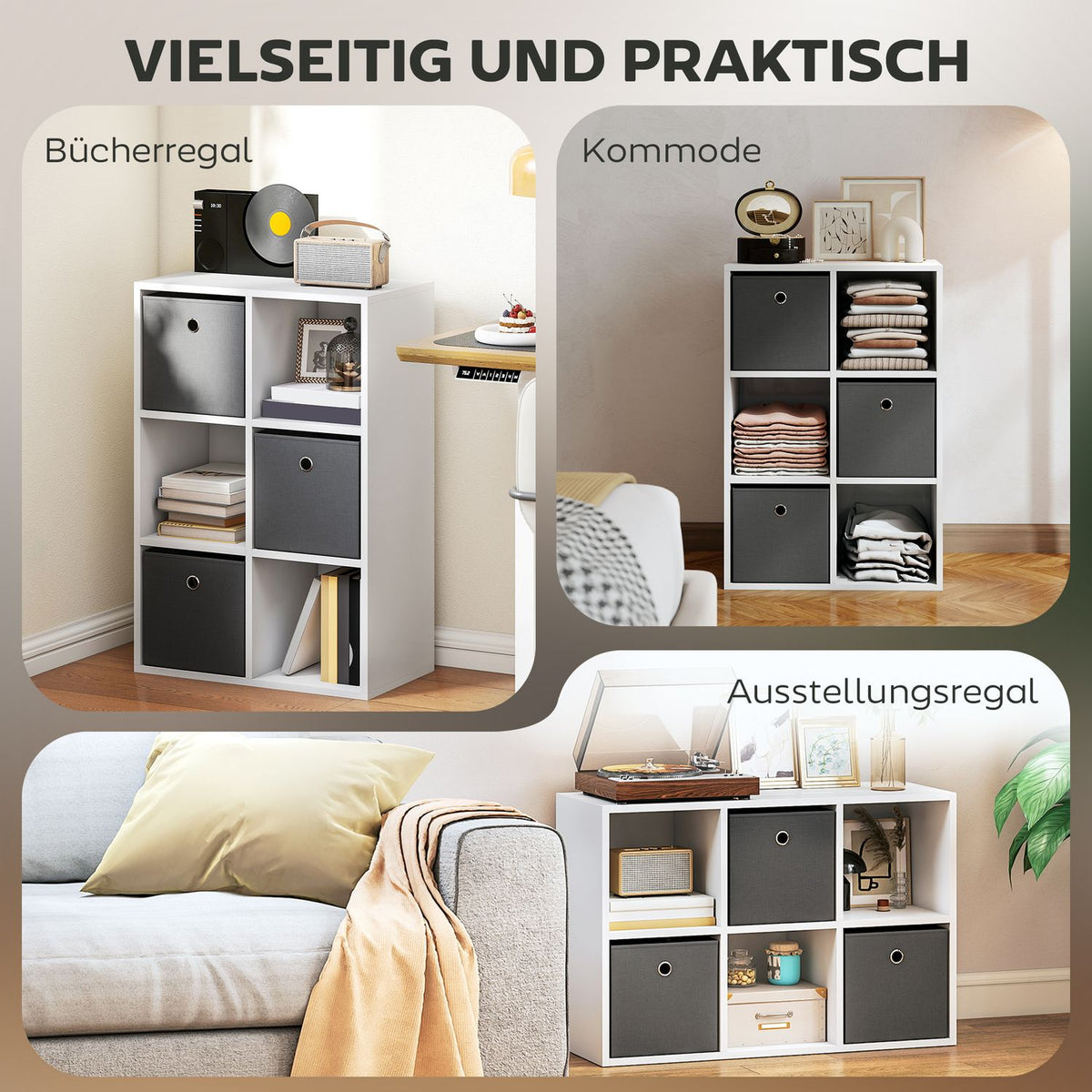 6-Cube Storage Shelf with 3 Fabric Drawers, Grey
