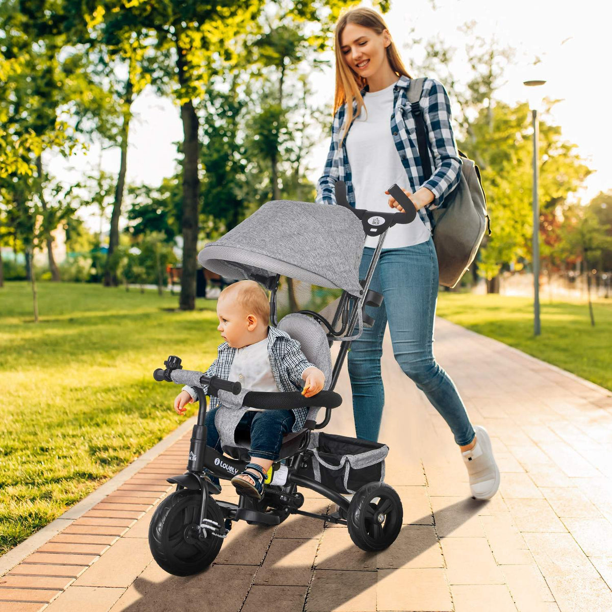 6-In-1 Tricycle Push Rod Children'S Tricycle Removable Sun Canopy 5-Point Belt Basket Cup Holder 1-5 Years Gray
