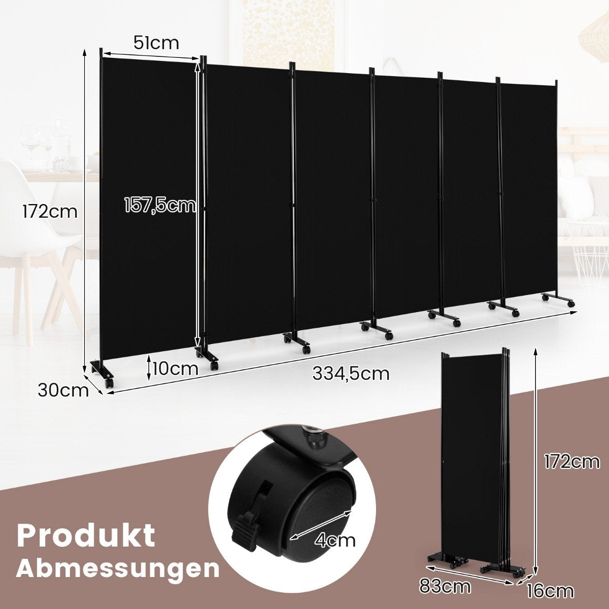 6-Panel Folding Room Divider with Lockable Wheels, 172cm