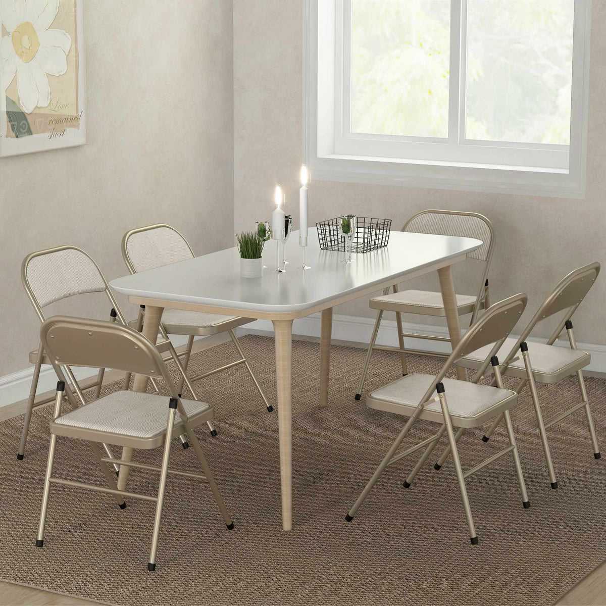 6-Piece Folding Chairs Set, Steel Frame, Linen Look, Beige