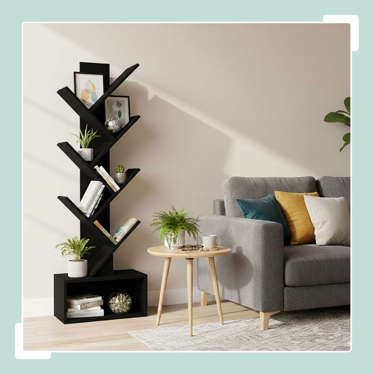6-Shelf Tree Bookcase with Closed Storage Compartment