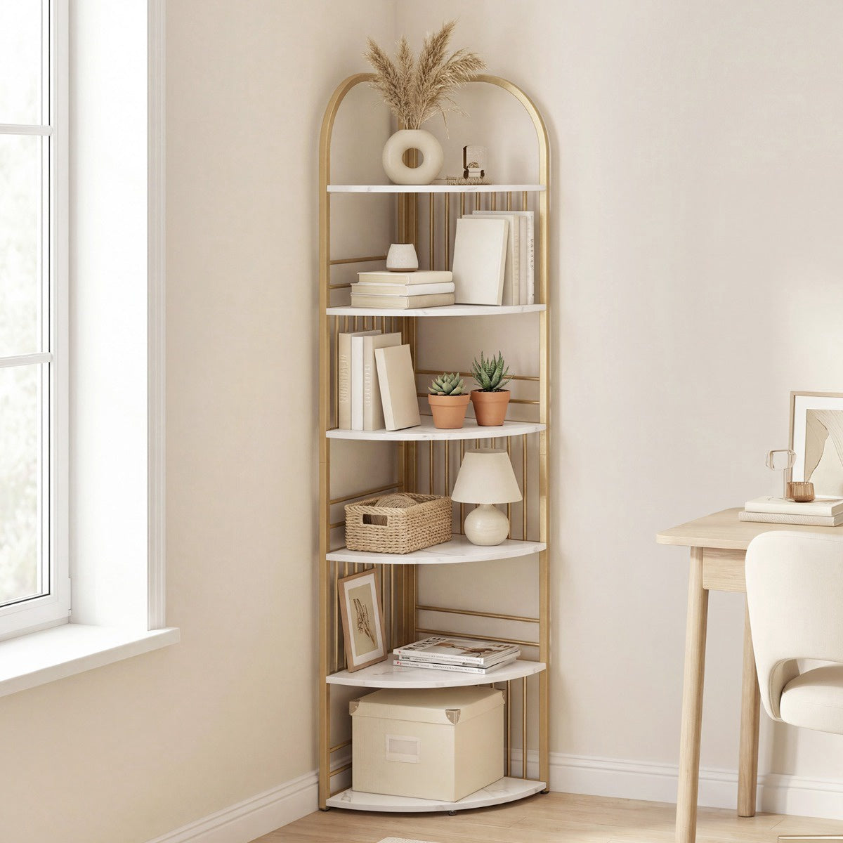 6-Tier Corner Bookshelf, Freestanding Metal Frame, White