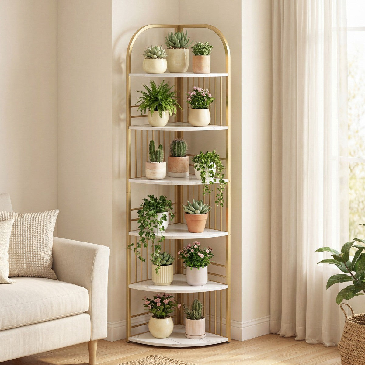 6-Tier Corner Bookshelf, Freestanding Metal Frame, White