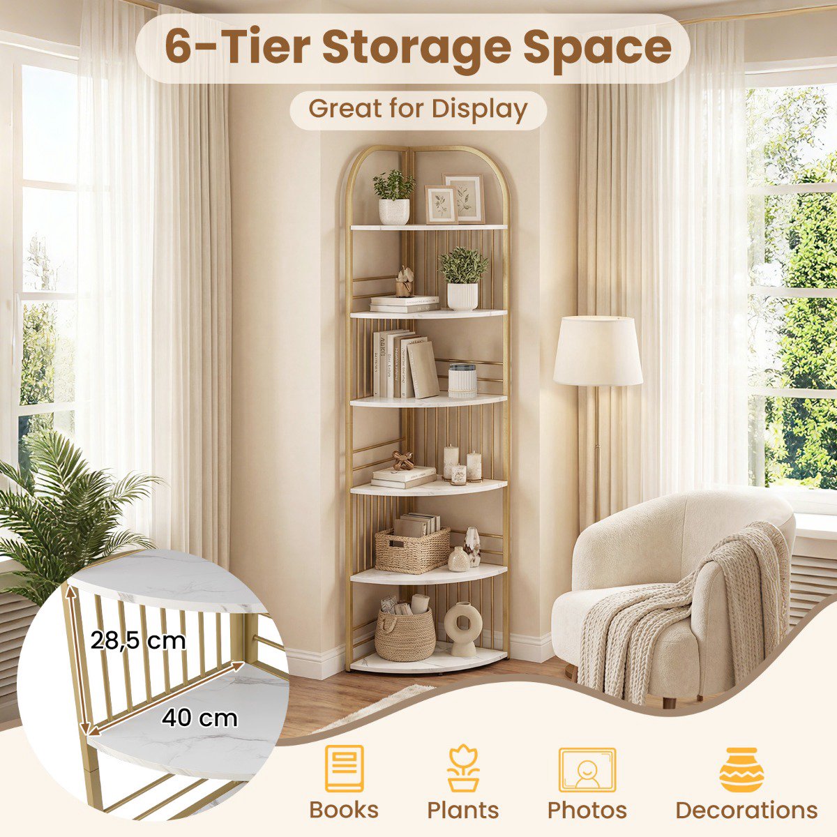 6-Tier Corner Bookshelf, Freestanding Metal Frame, White