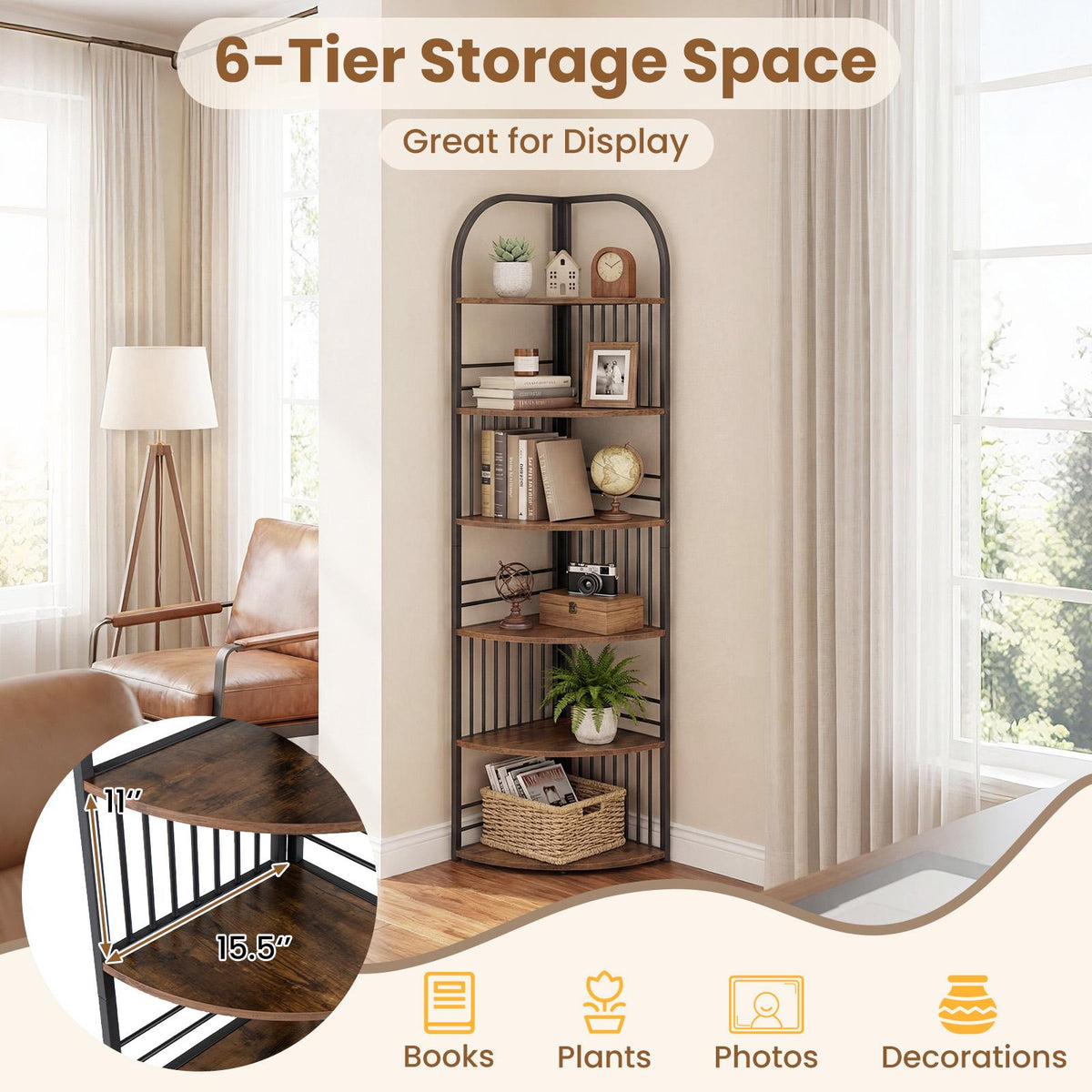 6-Tier Corner Bookshelf, Tall Metal Frame, Rustic Brown