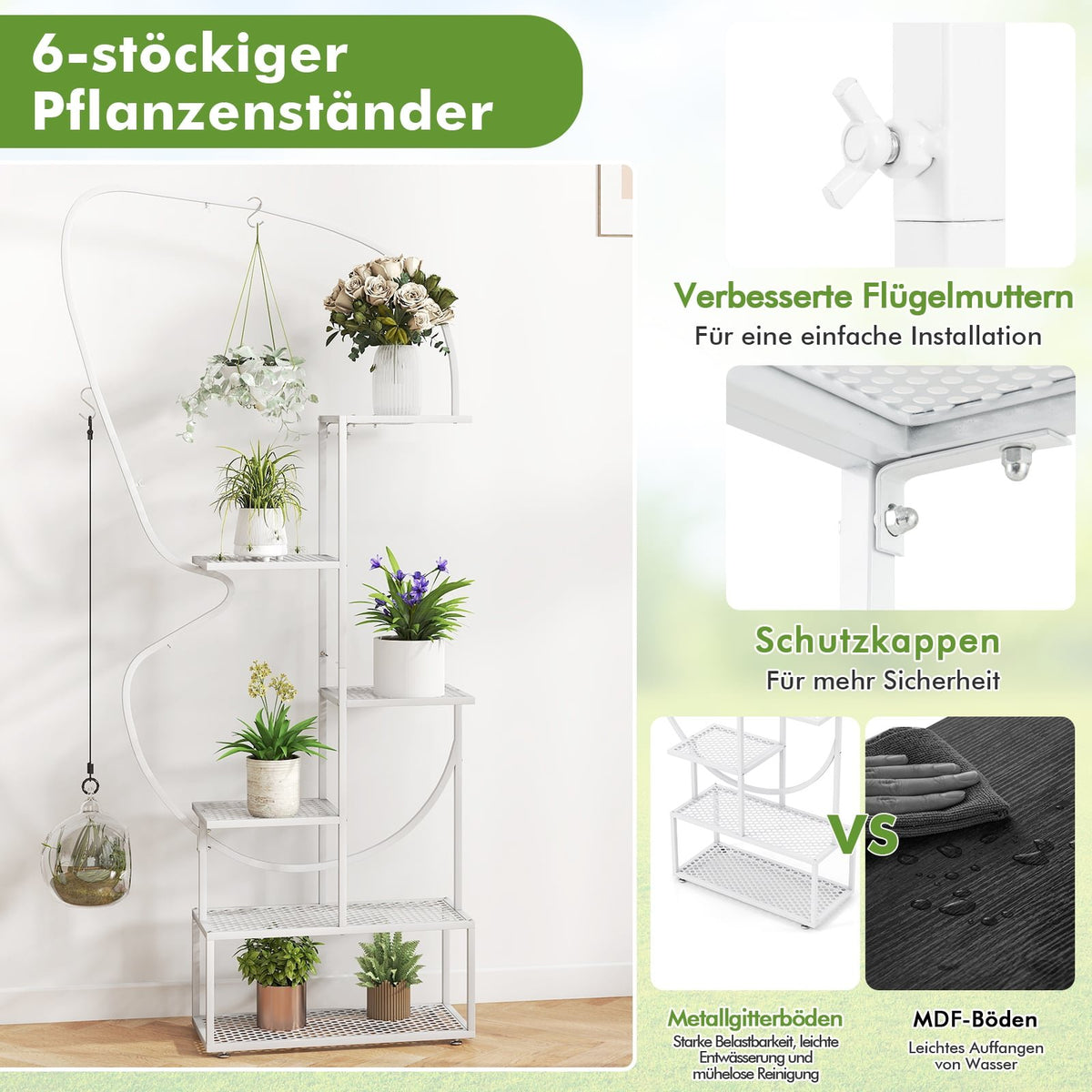 6-Tier Metal Butterfly Plant Stand with Hooks, White
