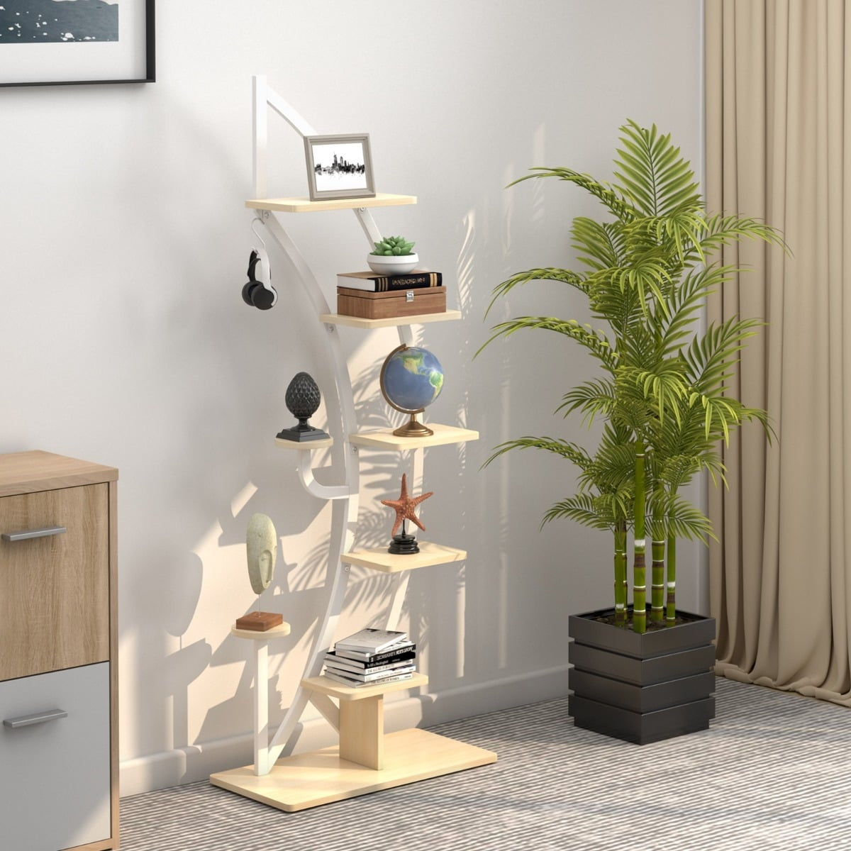 6-Tier Metal Plant Stand Set with Hooks, White