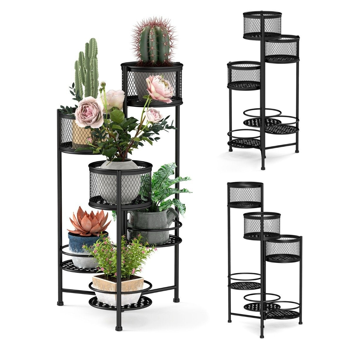6 Tier Metal Plant Stand with Rotating Design Flower Stairs Flower Pot Holder Black