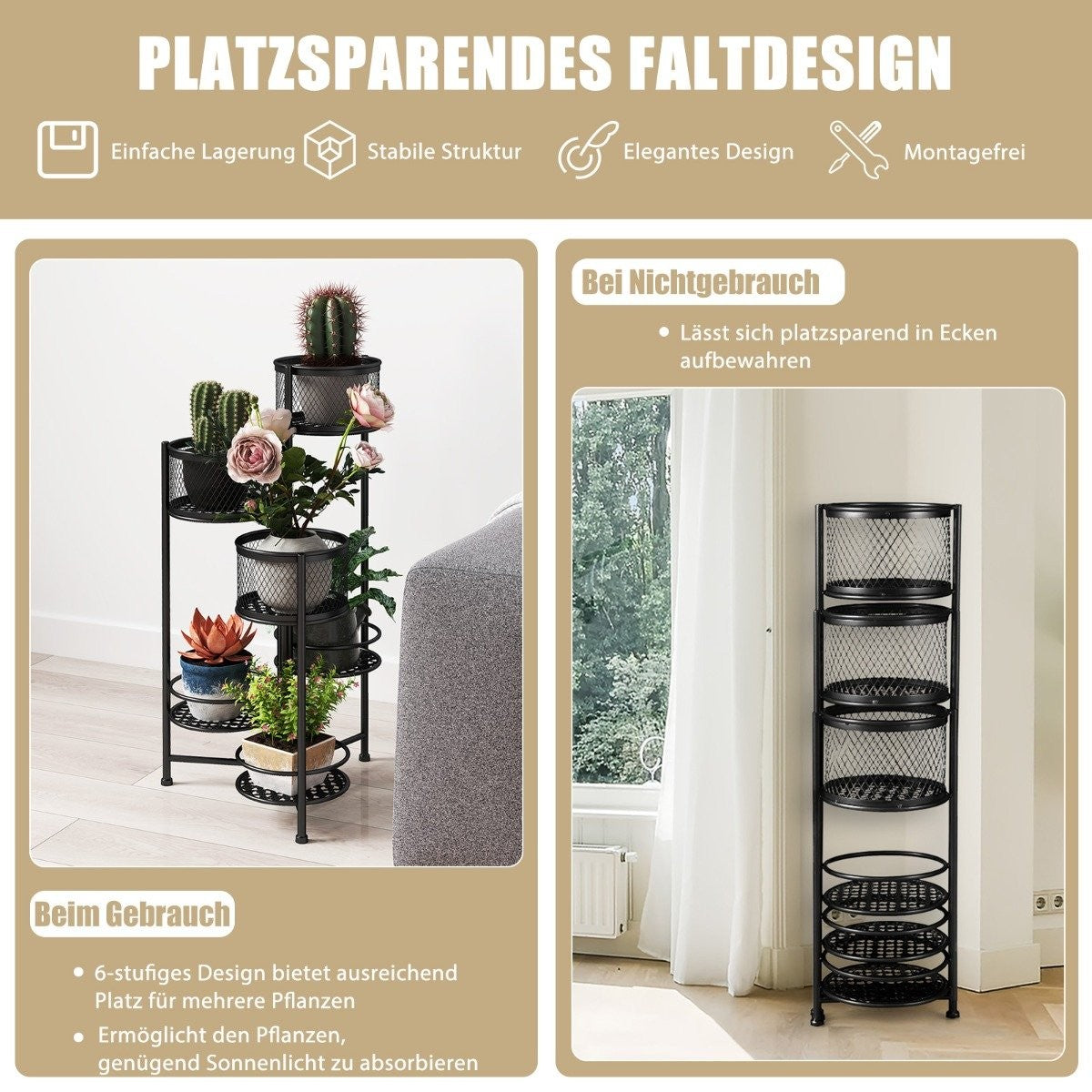 6 Tier Metal Plant Stand with Rotating Design Flower Stairs Flower Pot Holder Black