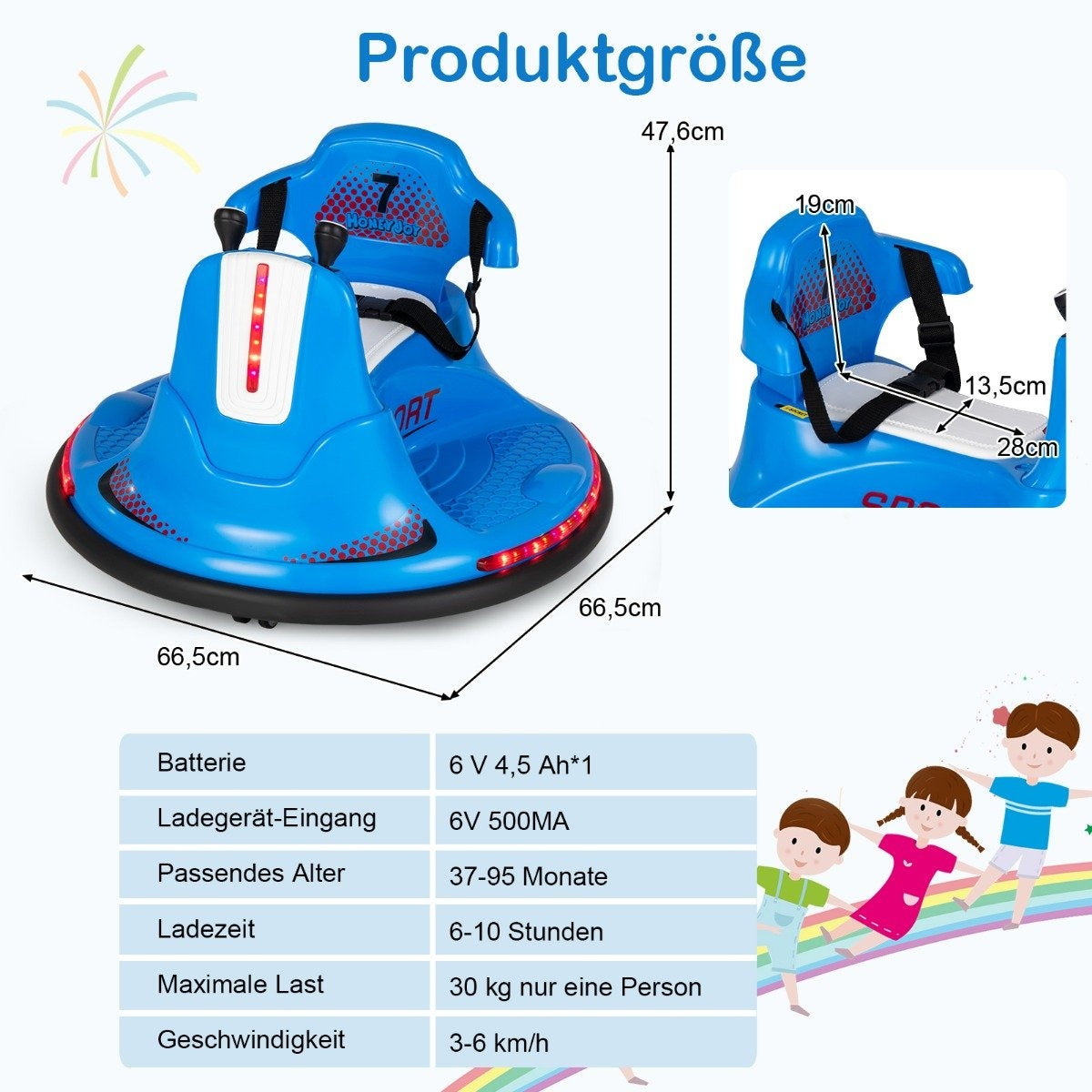 6V Children's Bumper Car 360 Degree Rotation with Music & Colorful LED Lights Blue