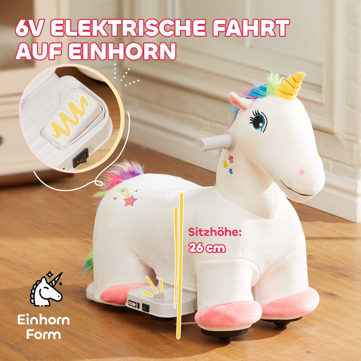 6V Children's Electric Car in Unicorn Shape, 2 km/h Children's Vehicle with Music, Ride-On Toy with Foot Pedal, Electric Horse for Children 1.5-3 Years, White