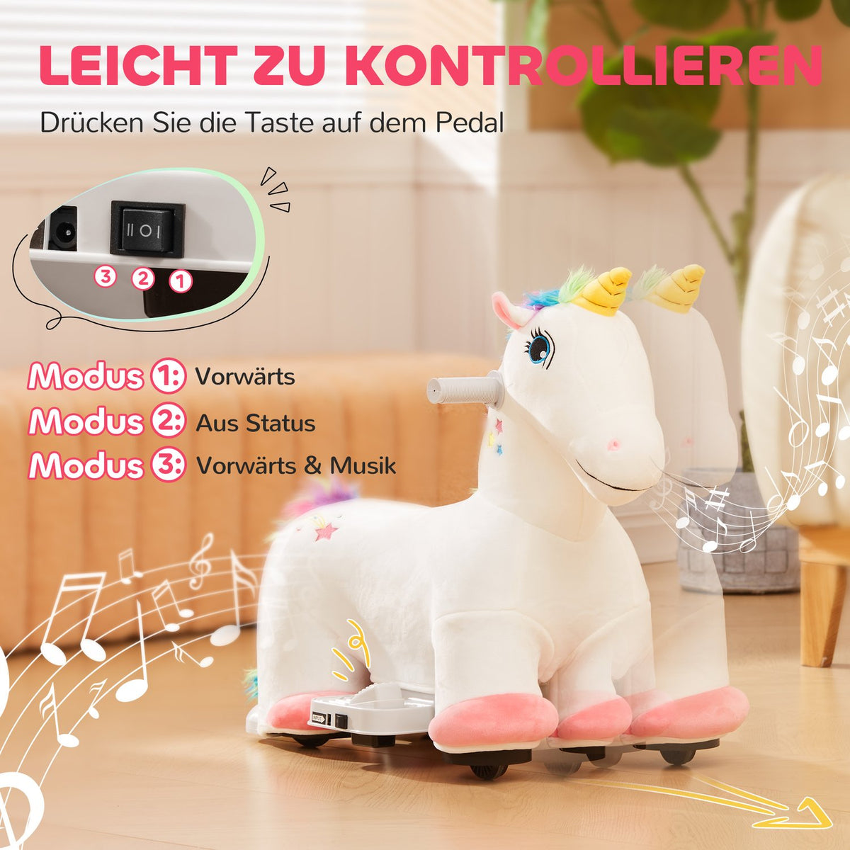 6V Children's Electric Car in Unicorn Shape, 2 km/h Children's Vehicle with Music, Ride-On Toy with Foot Pedal, Electric Horse for Children 1.5-3 Years, White