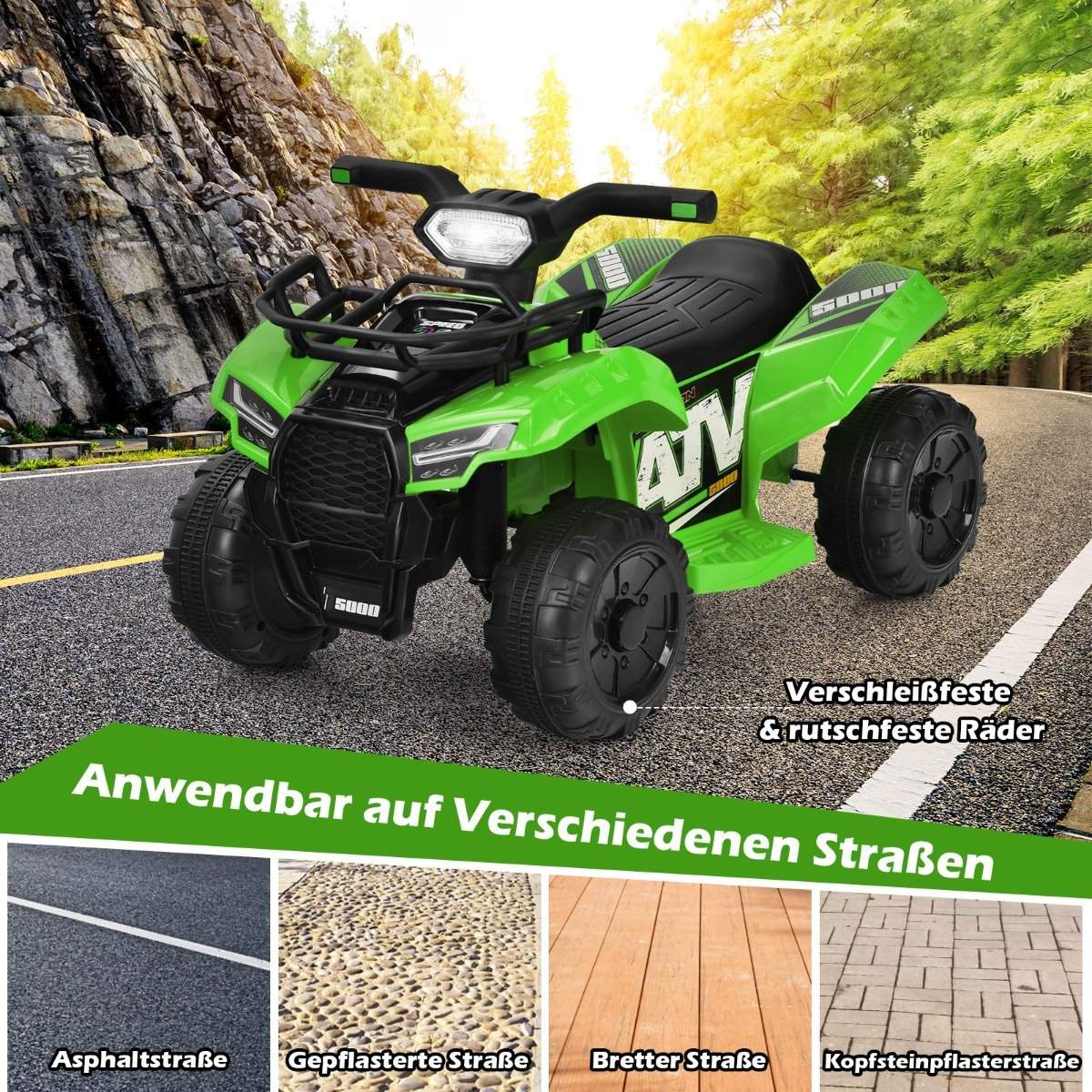 6V electric children's quad with storage space & music & horn & LED headlight mini electric quad green