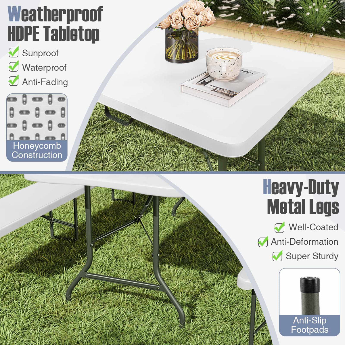 6 ft Folding Table, HDPE Top, 350 lbs Capacity, White