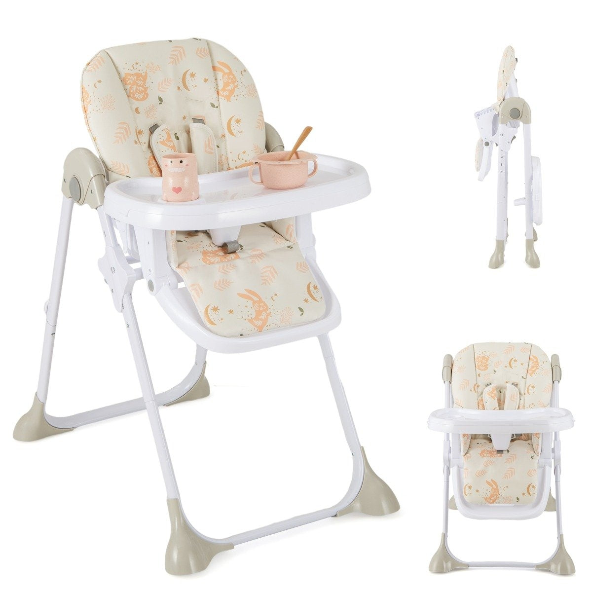 6 in 1 Convertible Baby High Chair with Reclining Functions & Double Tray Folding High Chair Beige