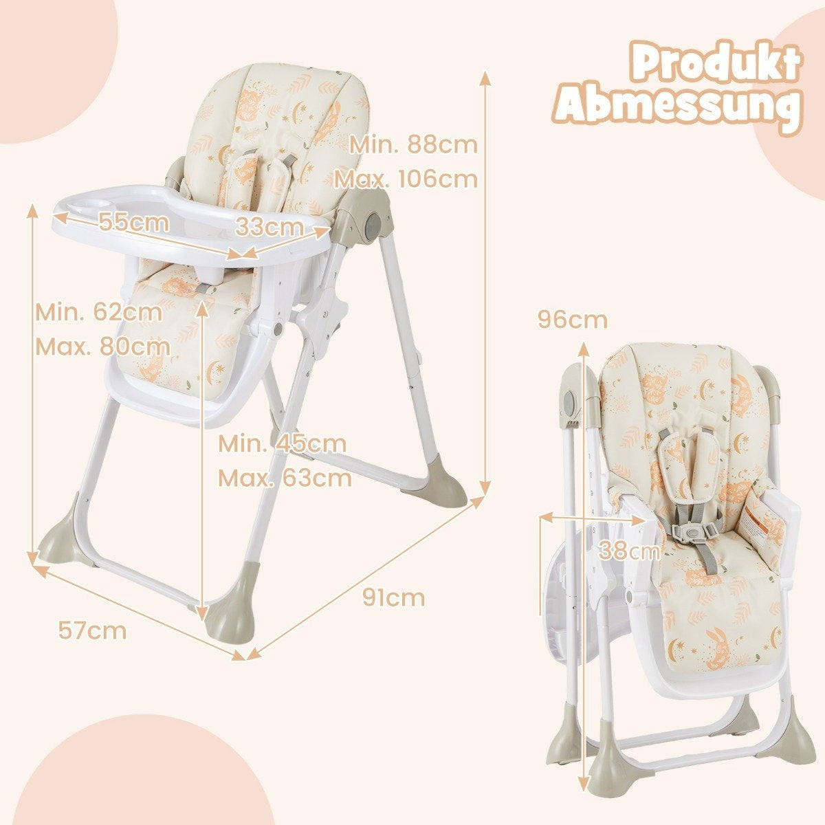 6 in 1 Convertible Baby High Chair with Reclining Functions & Double Tray Folding High Chair Beige