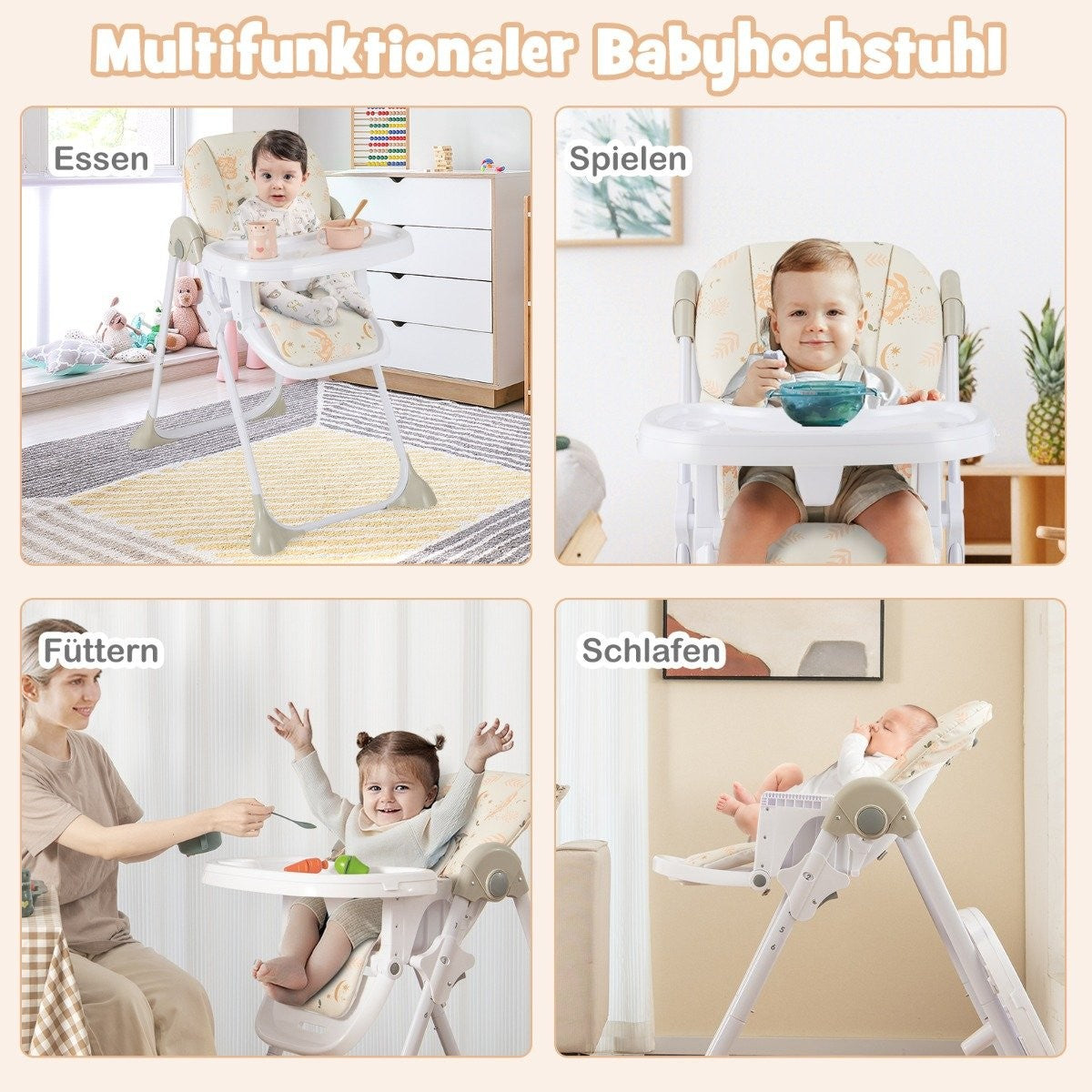 6 in 1 Convertible Baby High Chair with Reclining Functions & Double Tray Folding High Chair Beige