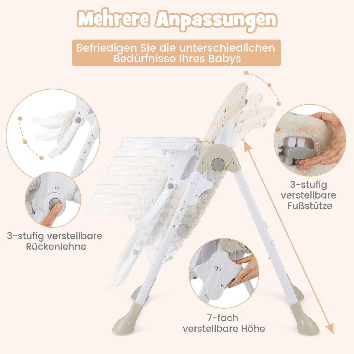 6 in 1 Convertible Baby High Chair with Reclining Functions & Double Tray Folding High Chair Beige