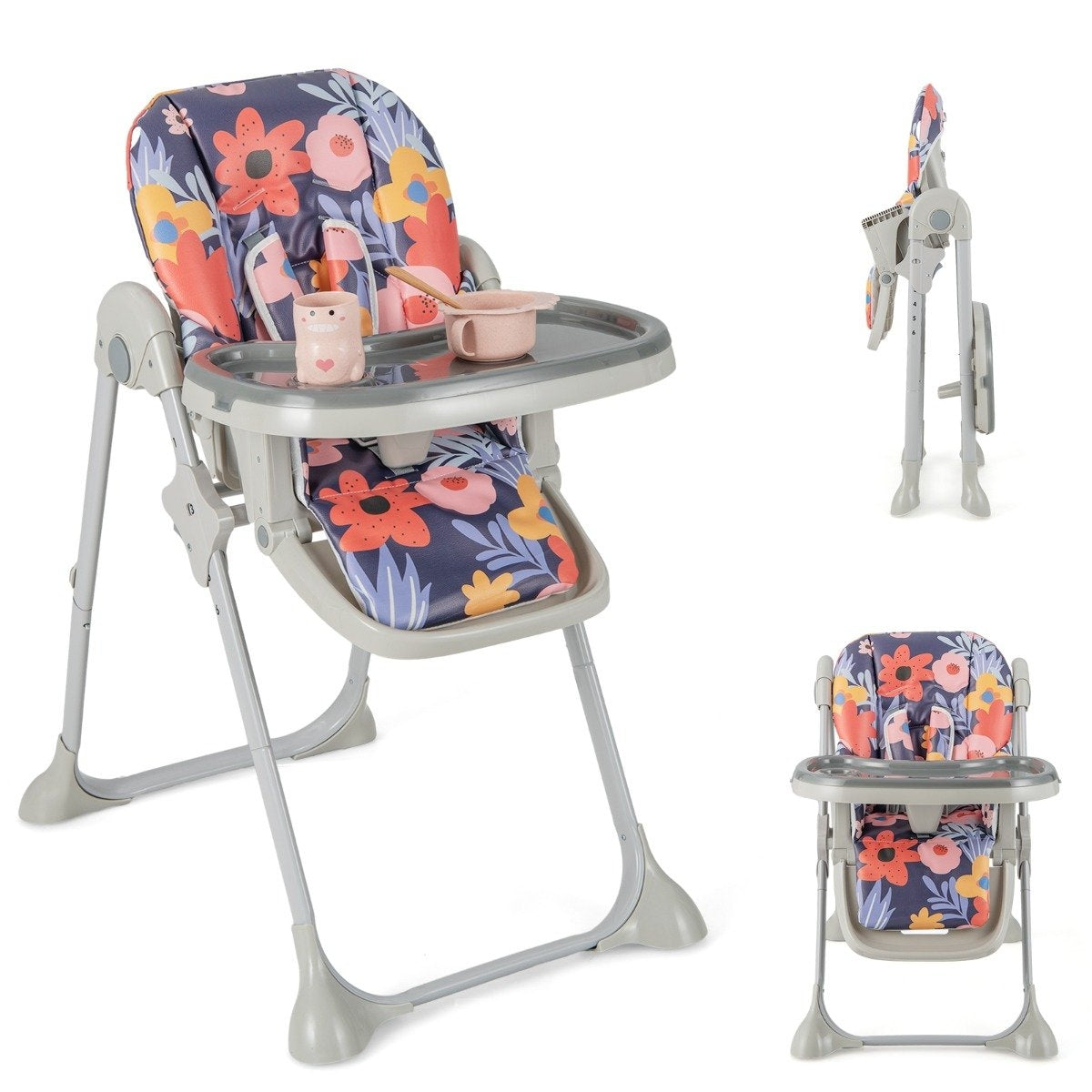 6 in 1 Convertible Baby High Chair with Reclining Functions & Double tray folding high chair flowers