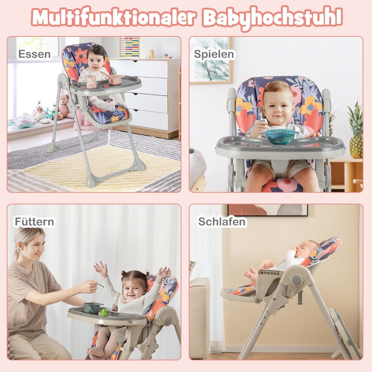 6 in 1 Convertible Baby High Chair with Reclining Functions & Double tray folding high chair flowers