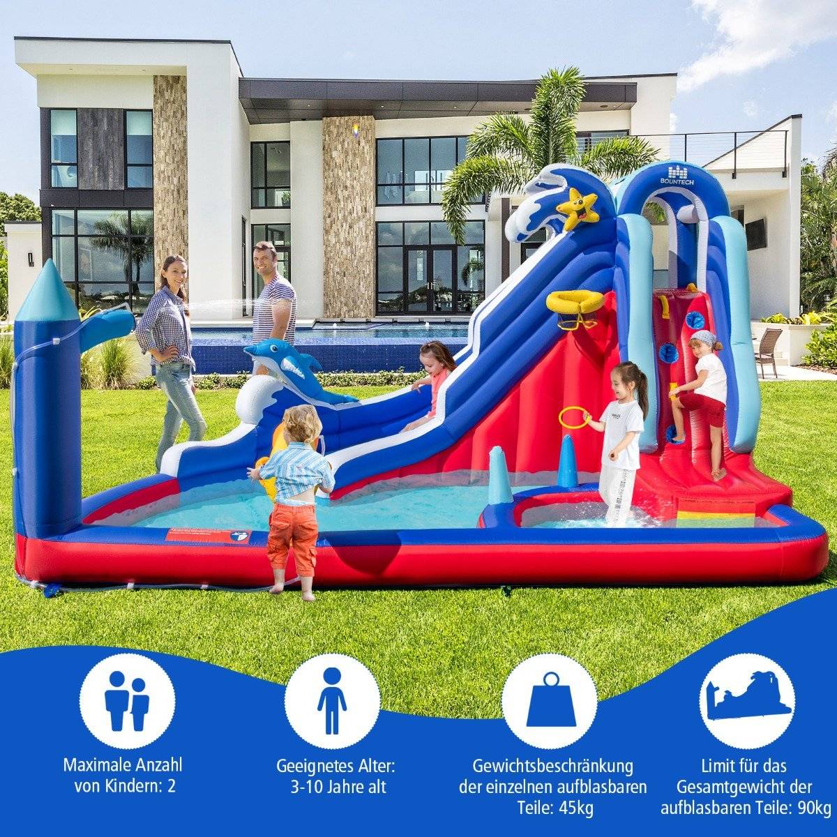 6 in 1 Inflatable Bouncy Castle with Climbing Wall & Splash Pool & Water Cannon & Basketball Hoop