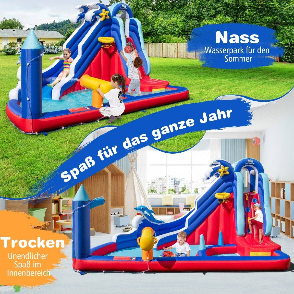 6 in 1 Inflatable Bouncy Castle with Climbing Wall & Splash Pool & Water Cannon & Basketball Hoop